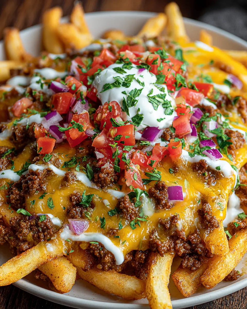 A plate of loaded cheese fries with beef.