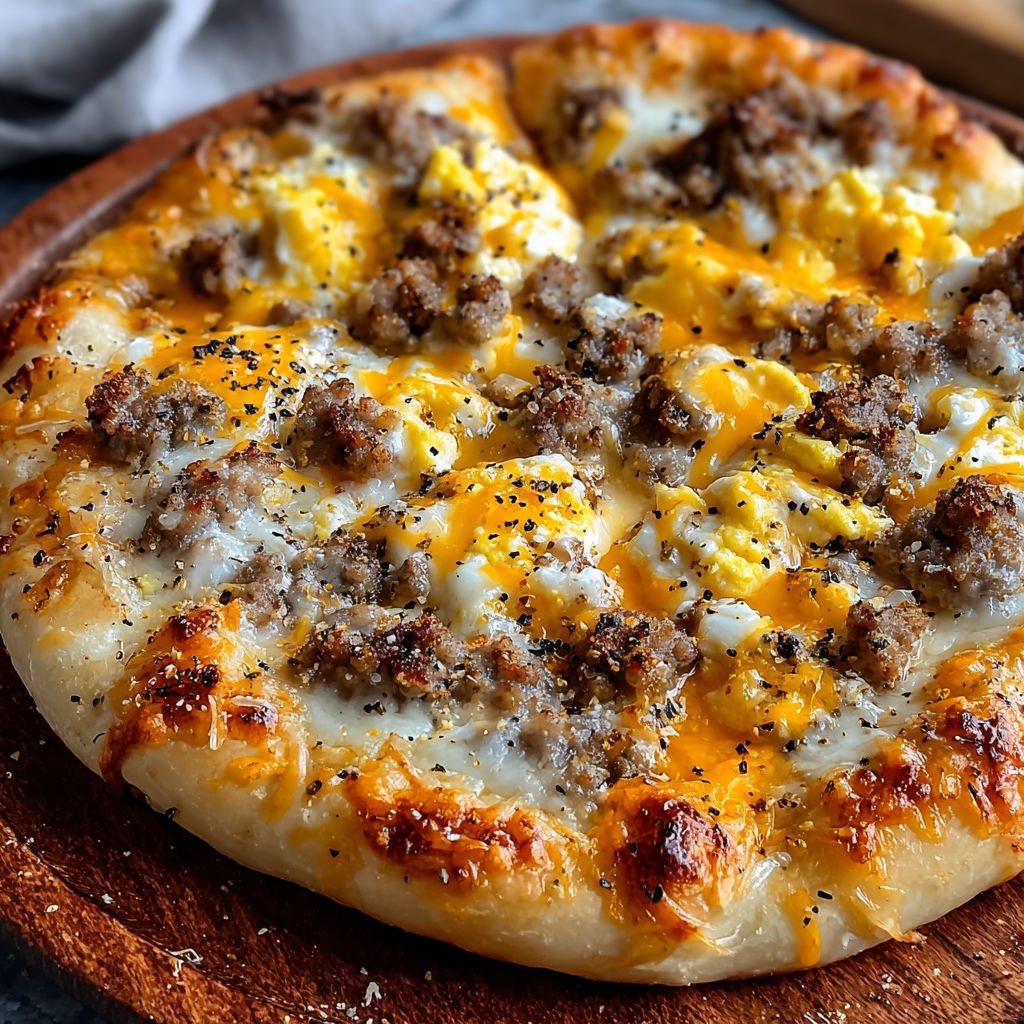 A pizza with sausage and gravy on top.