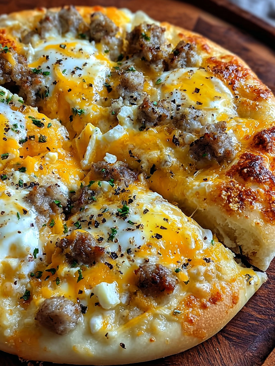 A pizza with sausage and gravy on top.