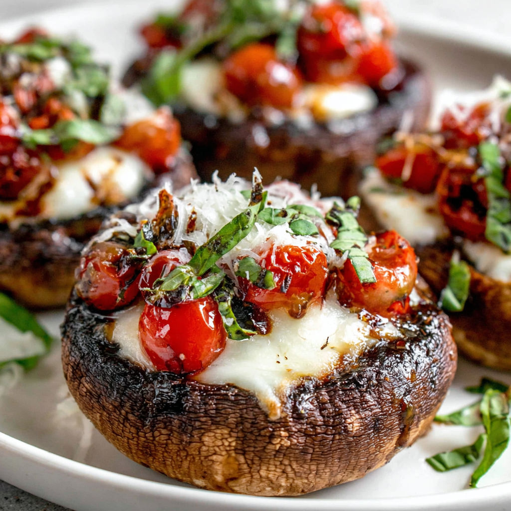 A plate of stuffed mushrooms with tomatoes and cheese.