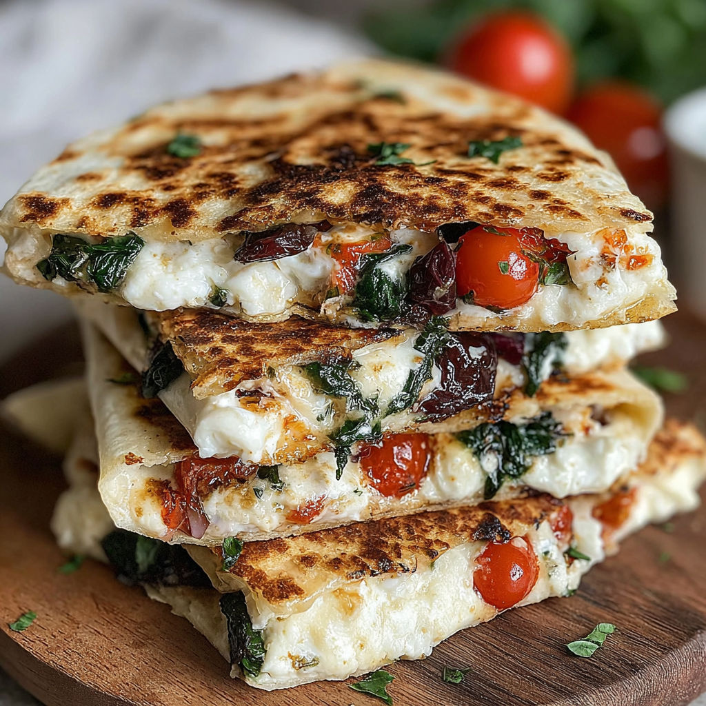 A stack of four quesadillas with spinach and feta cheese.