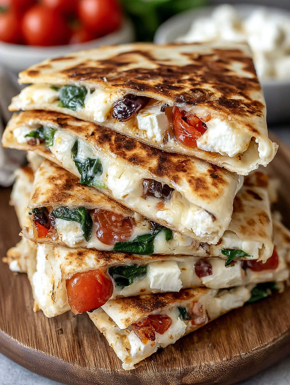 A stack of quesadillas with spinach and feta cheese.