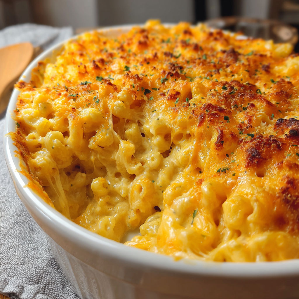A baked mac and cheese dish.