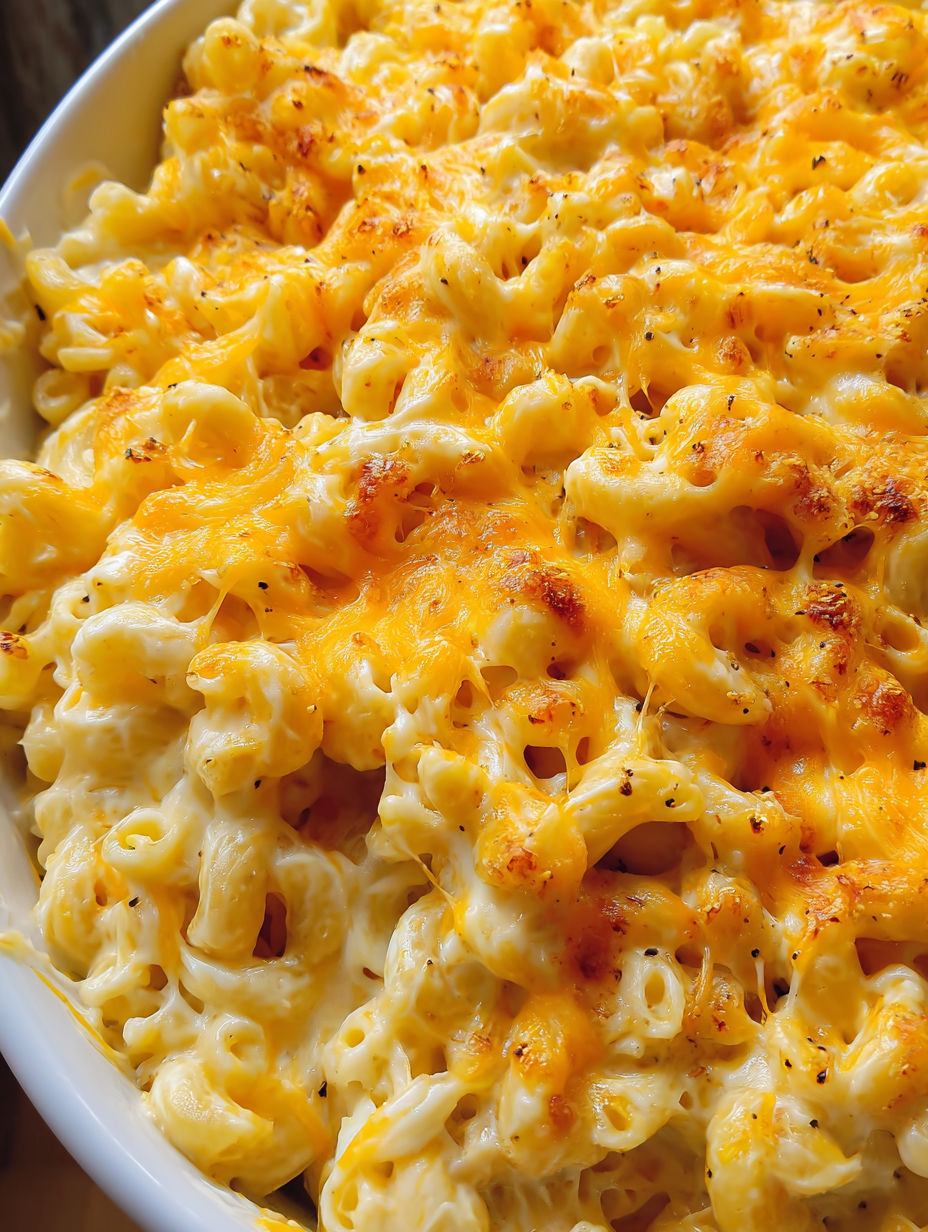 A dish of macaroni and cheese with a golden brown crust.