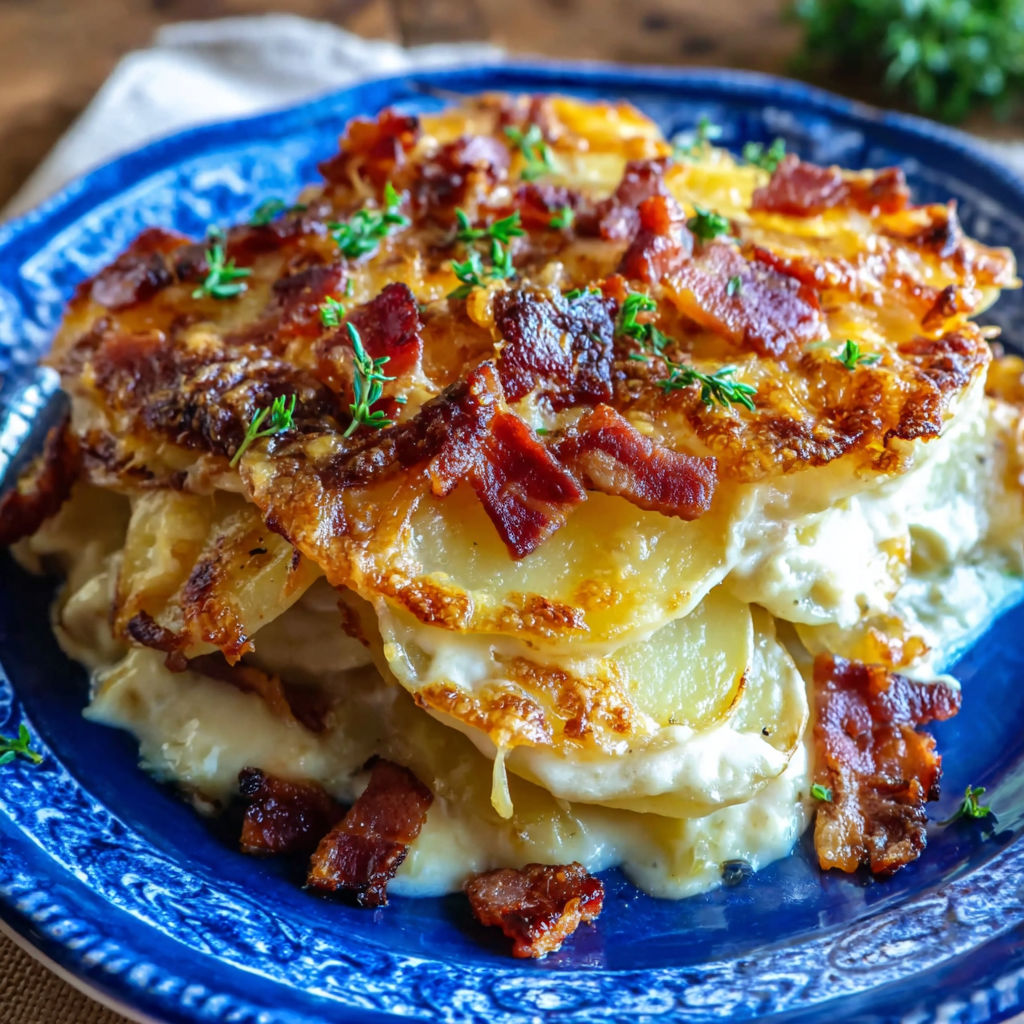 A plate of loaded scalloped potatoes.