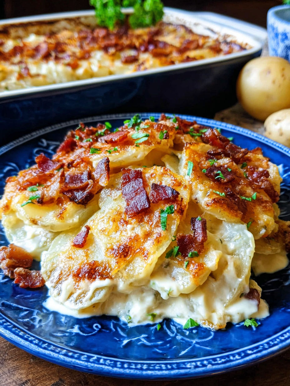 A plate of loaded scalloped potatoes.