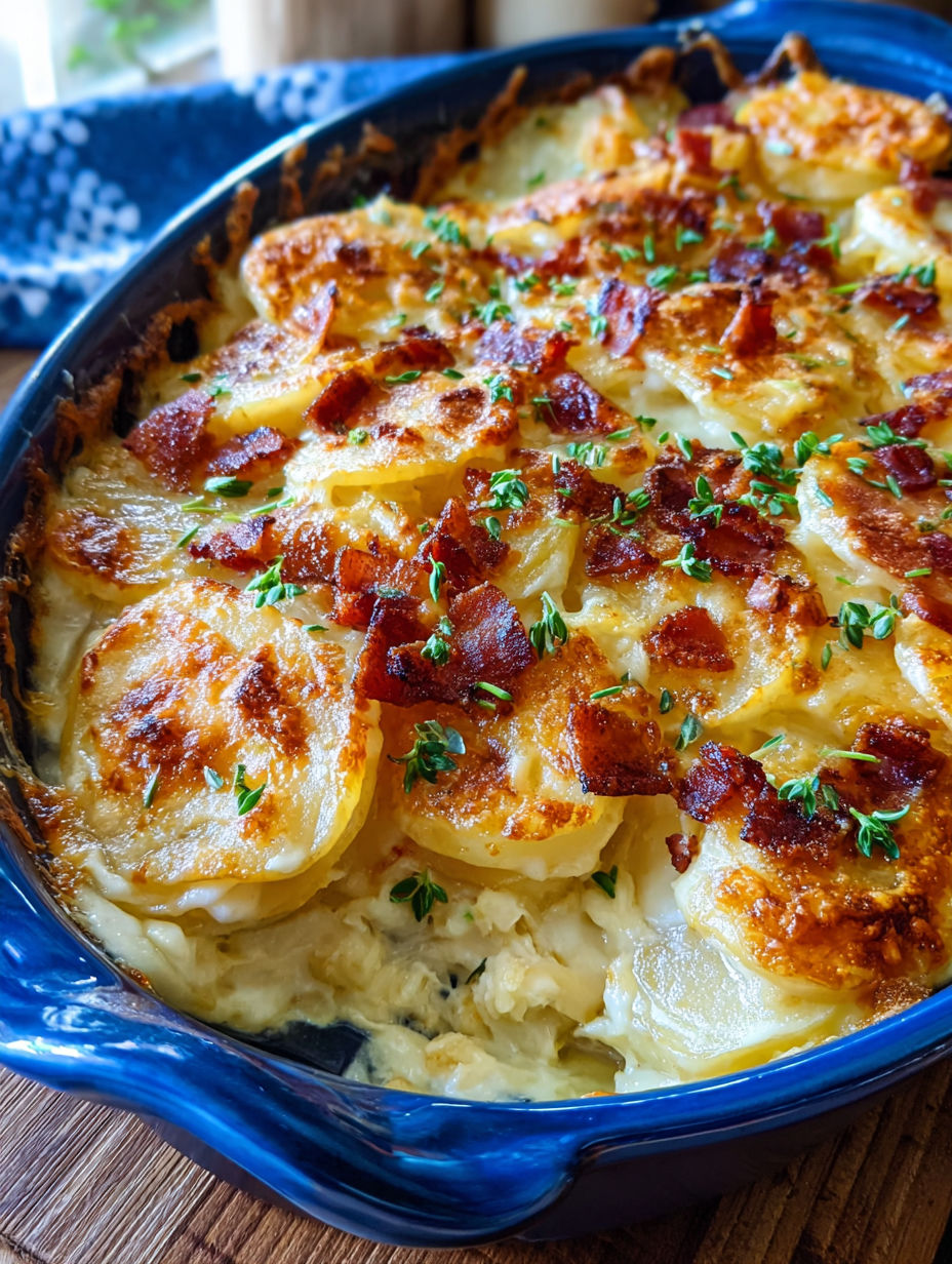 A dish of scalloped potatoes with bacon and herbs.