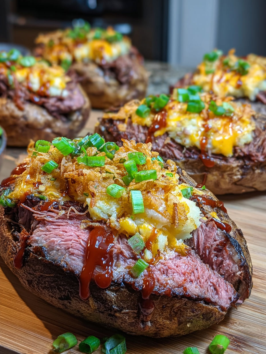 A close up of a loaded baked potato with meat and cheese.