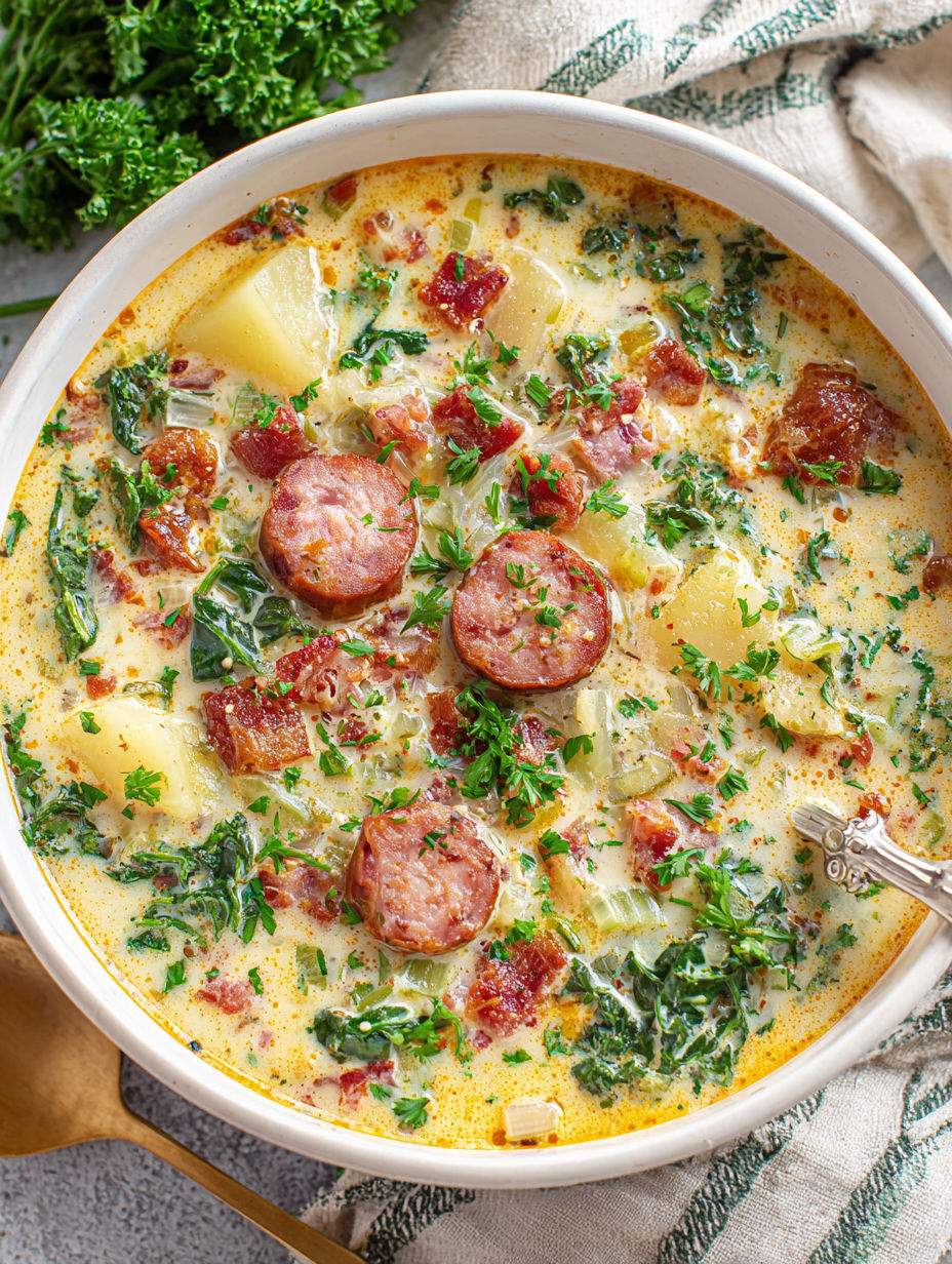 A bowl of soup with sausage and potatoes.