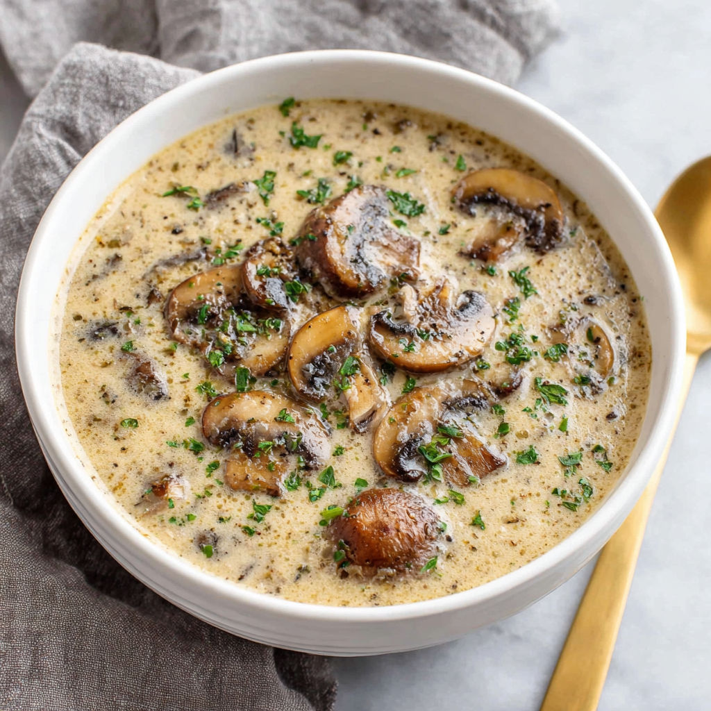 A bowl of cream of mushroom soup.