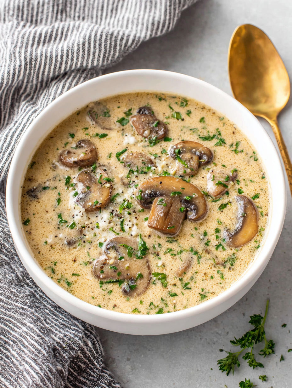 A bowl of soup with mushrooms and herbs.