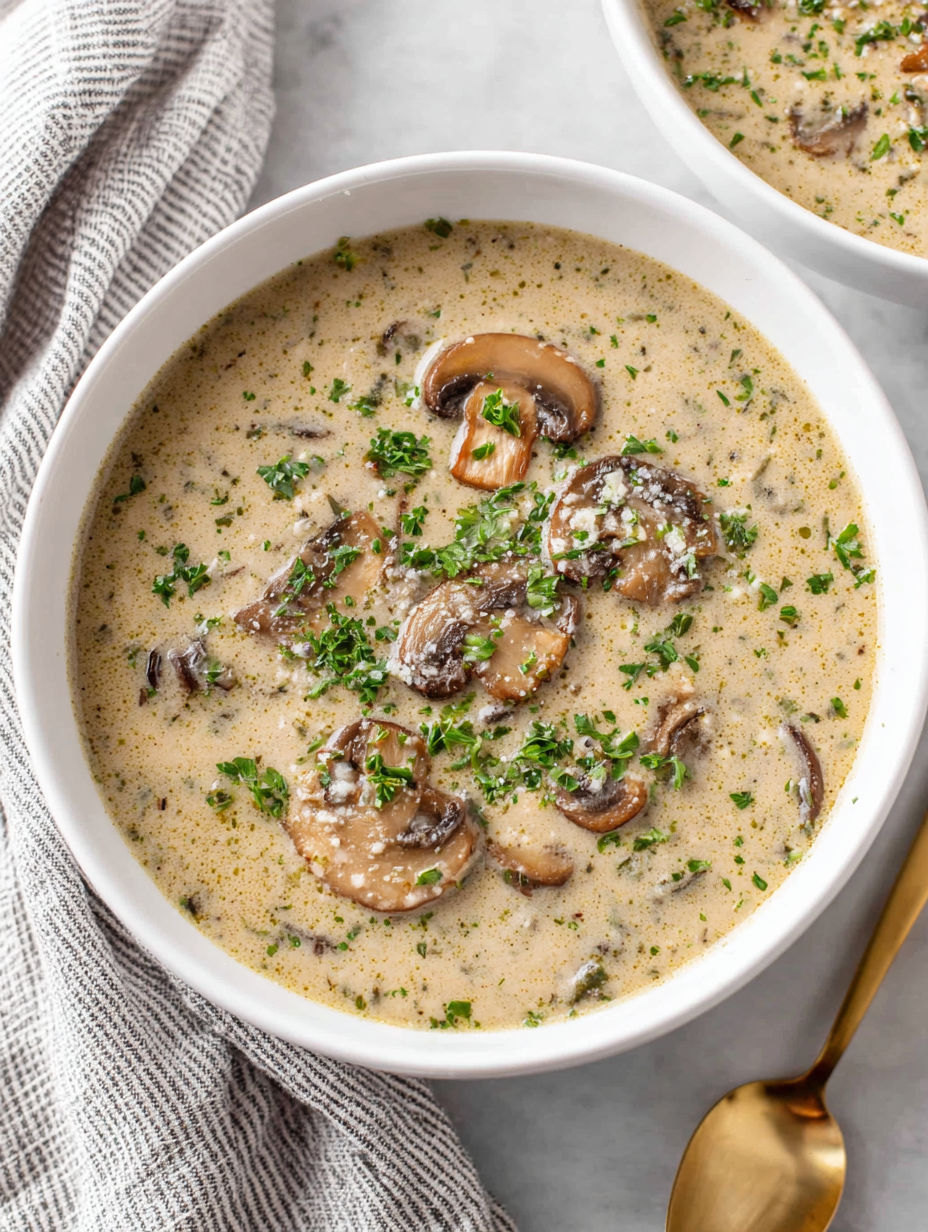A bowl of soup with mushrooms and green herbs.