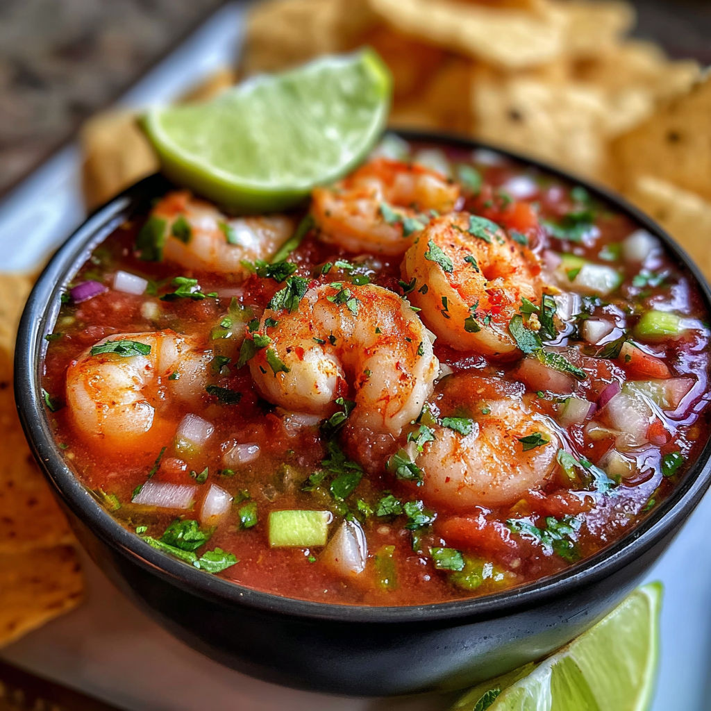 A bowl of shrimp cocktail with limes and chips.