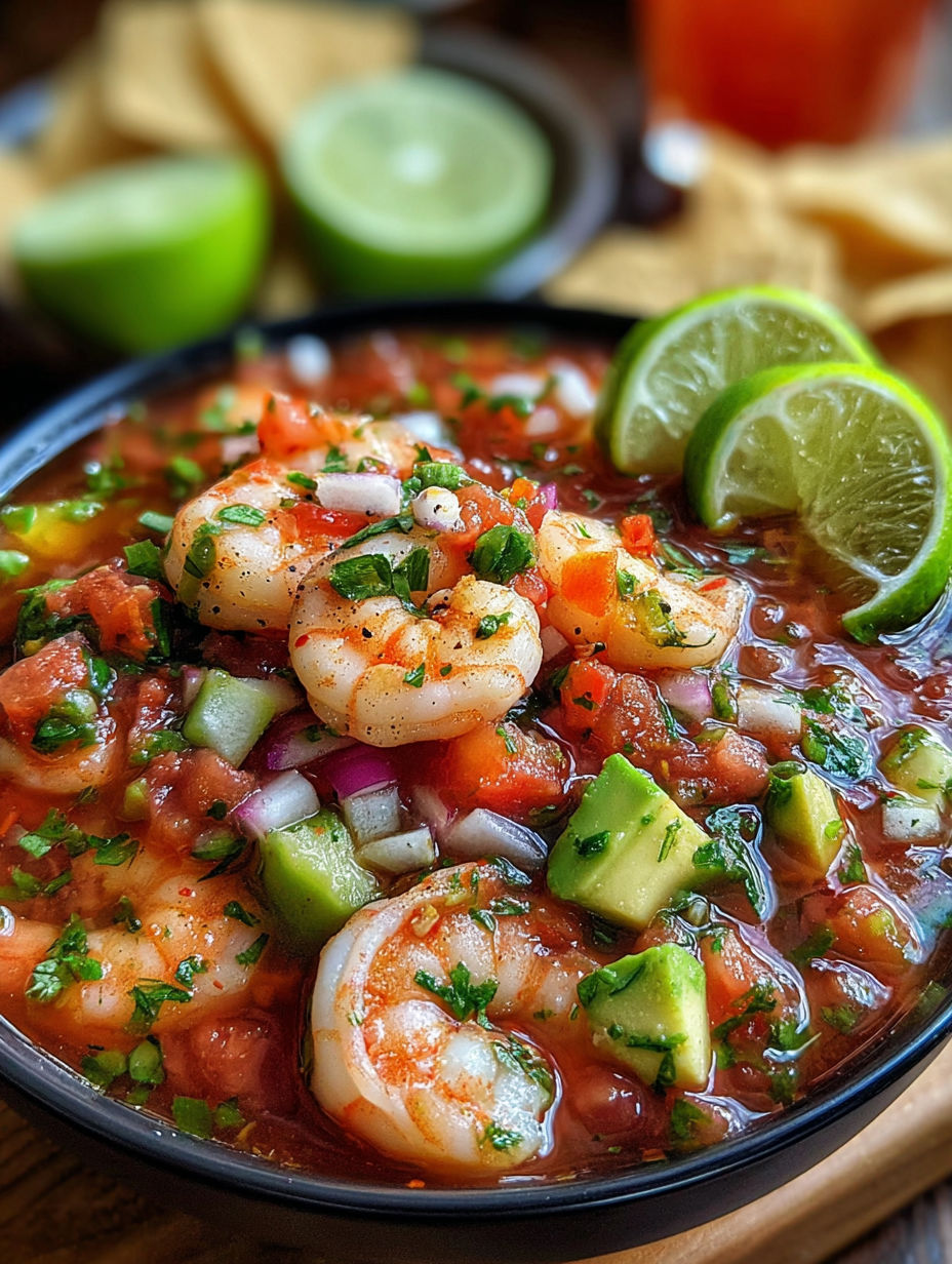 A bowl of Mexican shrimp cocktail with limes and avocado.