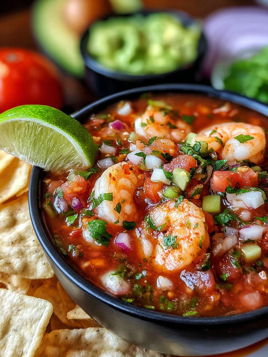 A bowl of shrimp soup with a lime wedge on top.