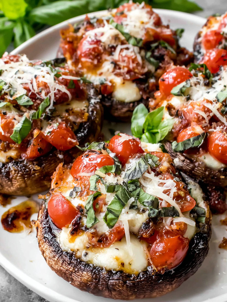 A plate of stuffed portobellos with tomatoes and cheese.