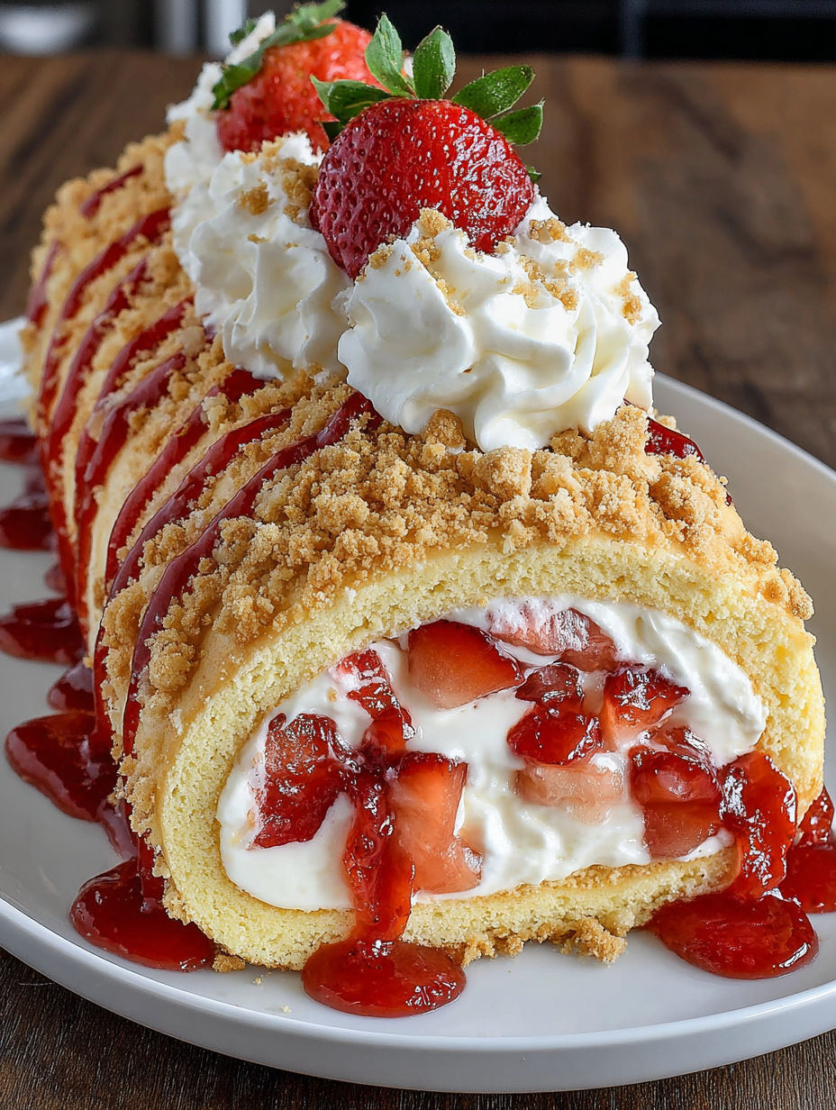 A dessert roll with strawberries and whipped cream.