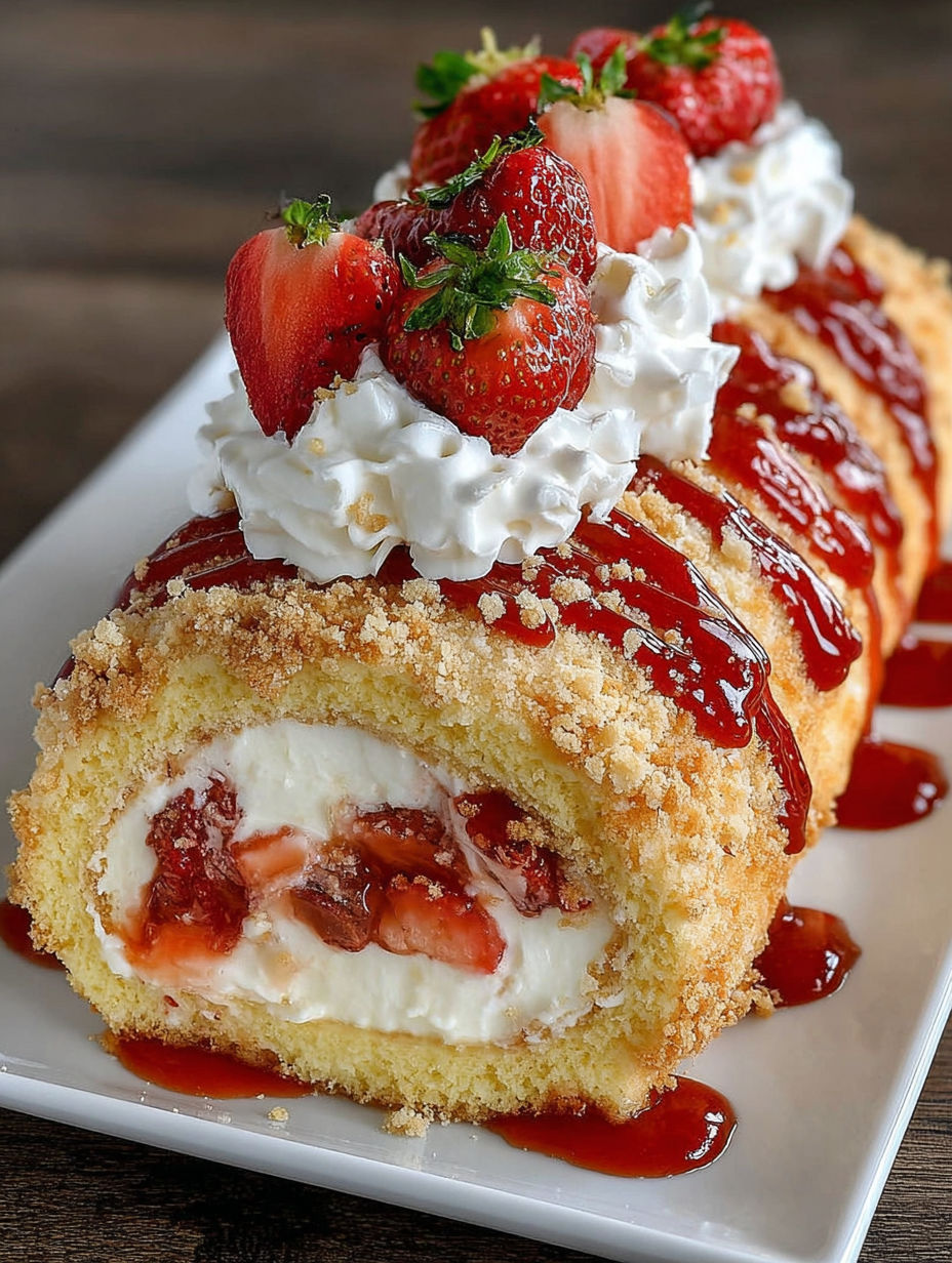 A dessert roll with strawberries and whipped cream.