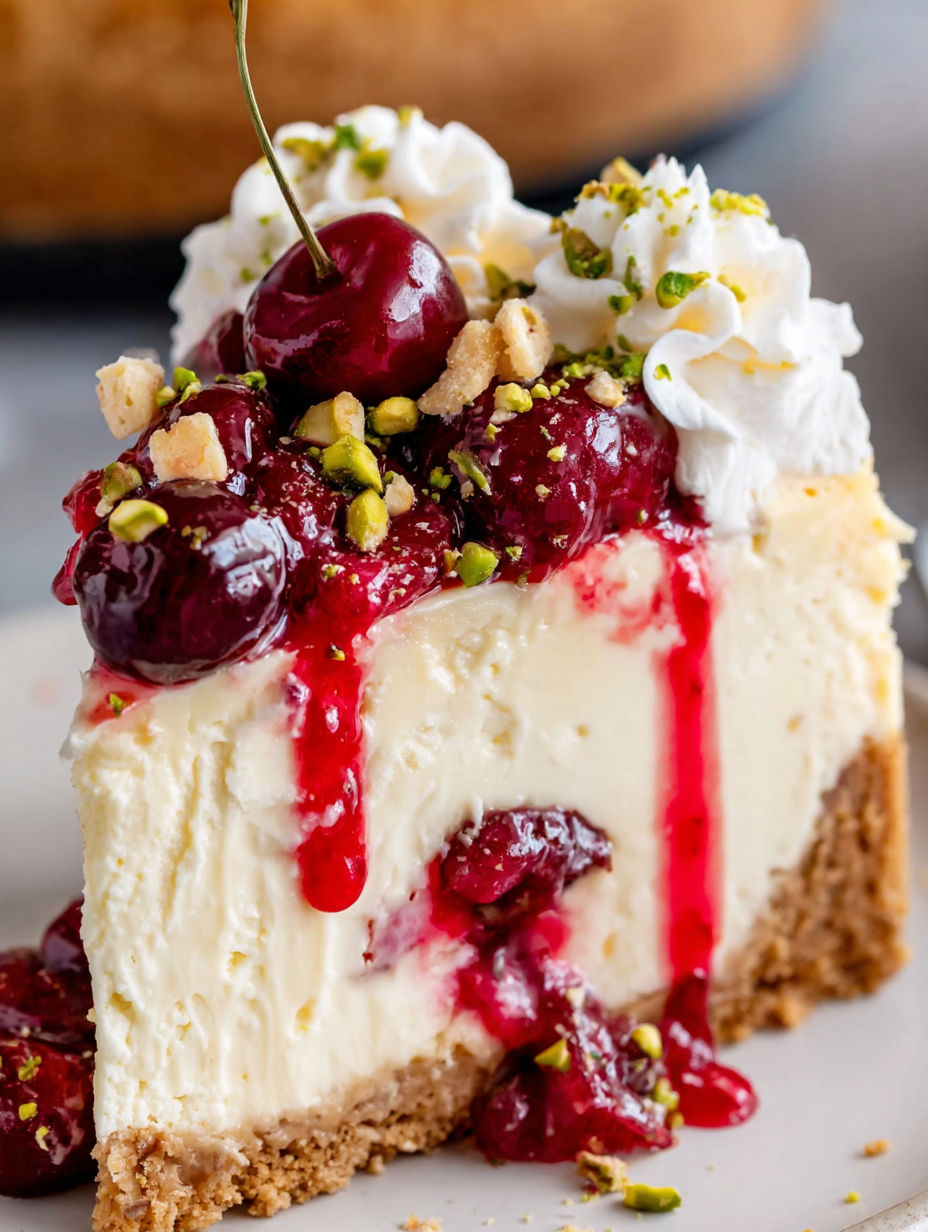 A slice of cake with cherries and pistachios.