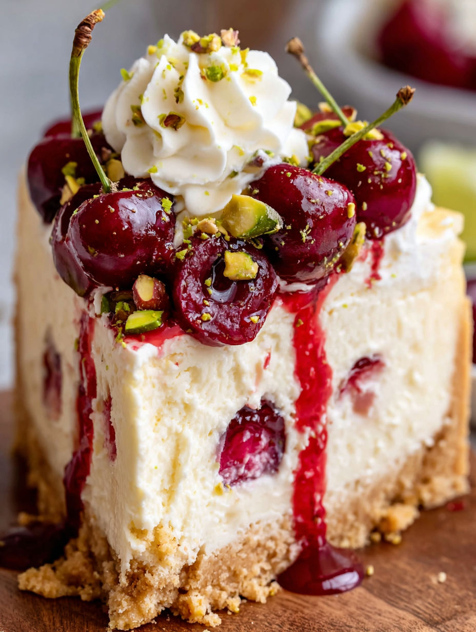A slice of cheesecake with cherries and pistachios on top.