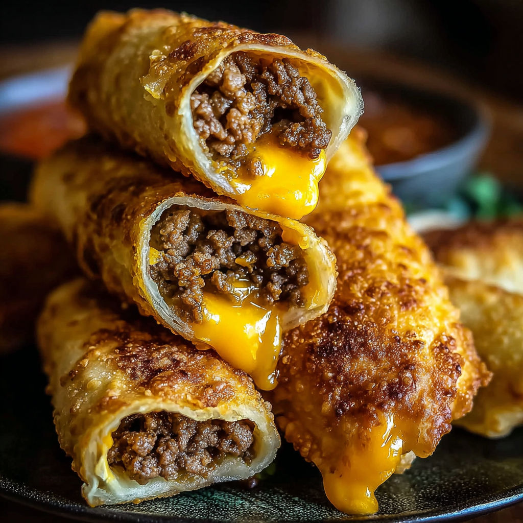 A plate of cheeseburger egg rolls.