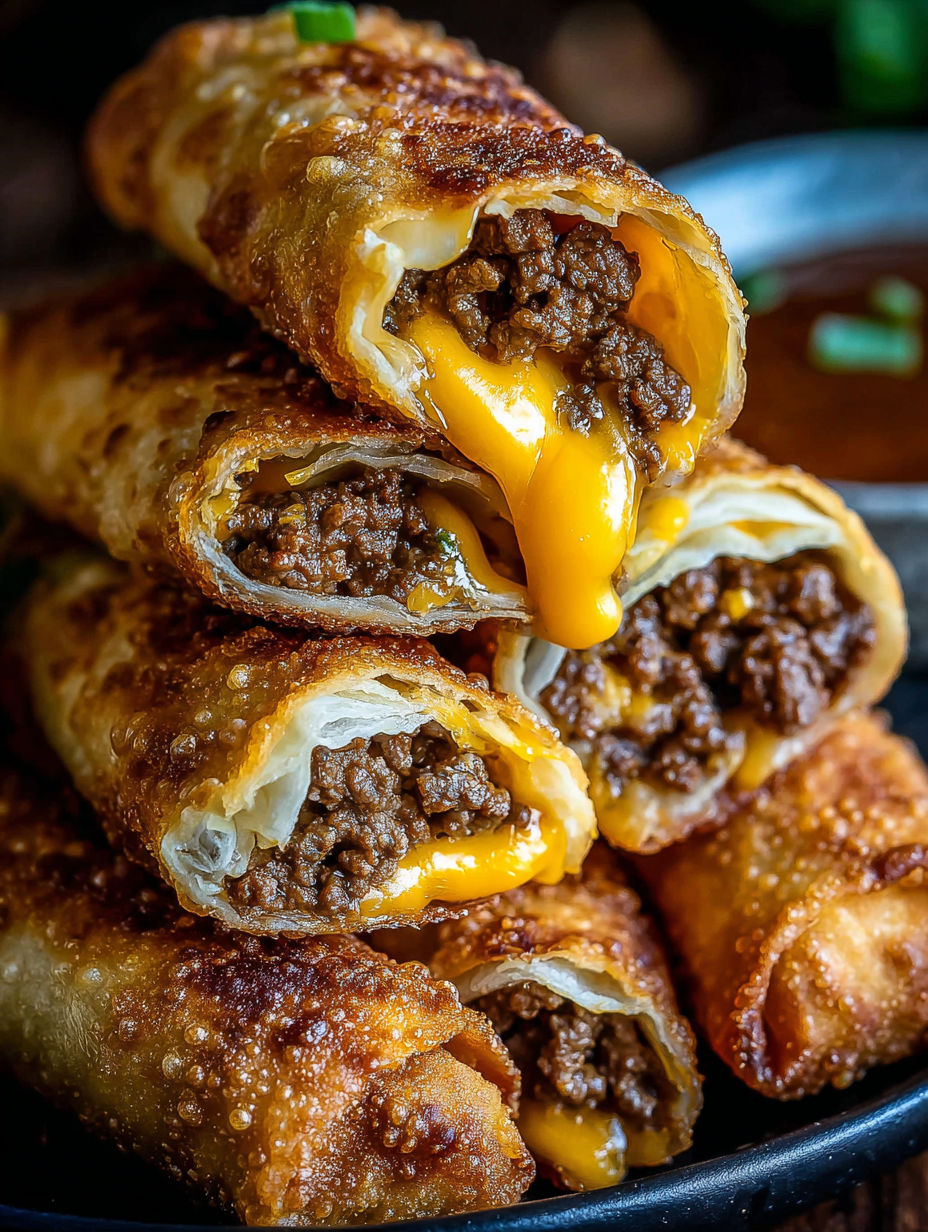 Cheeseburger Egg Rolls with sauce.