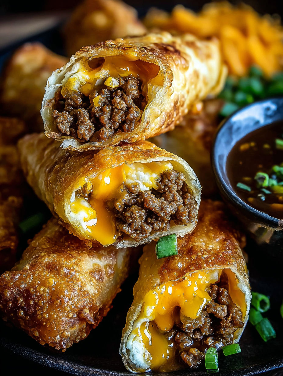 A plate of cheeseburger egg rolls.
