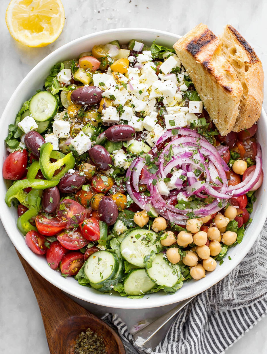 A Greek salad with tomatoes, cucumbers, olives, and feta cheese.