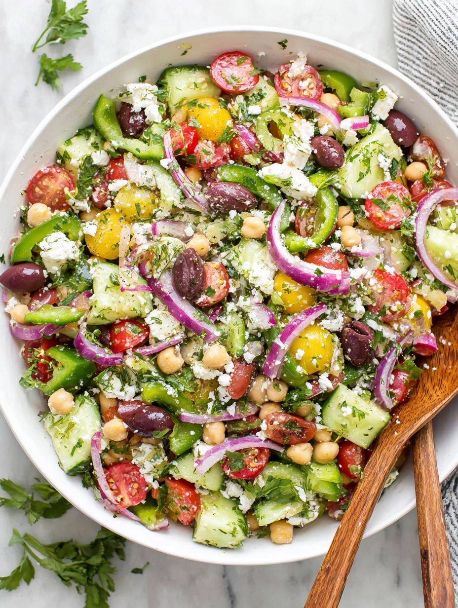 A white bowl filled with a Greek salad.