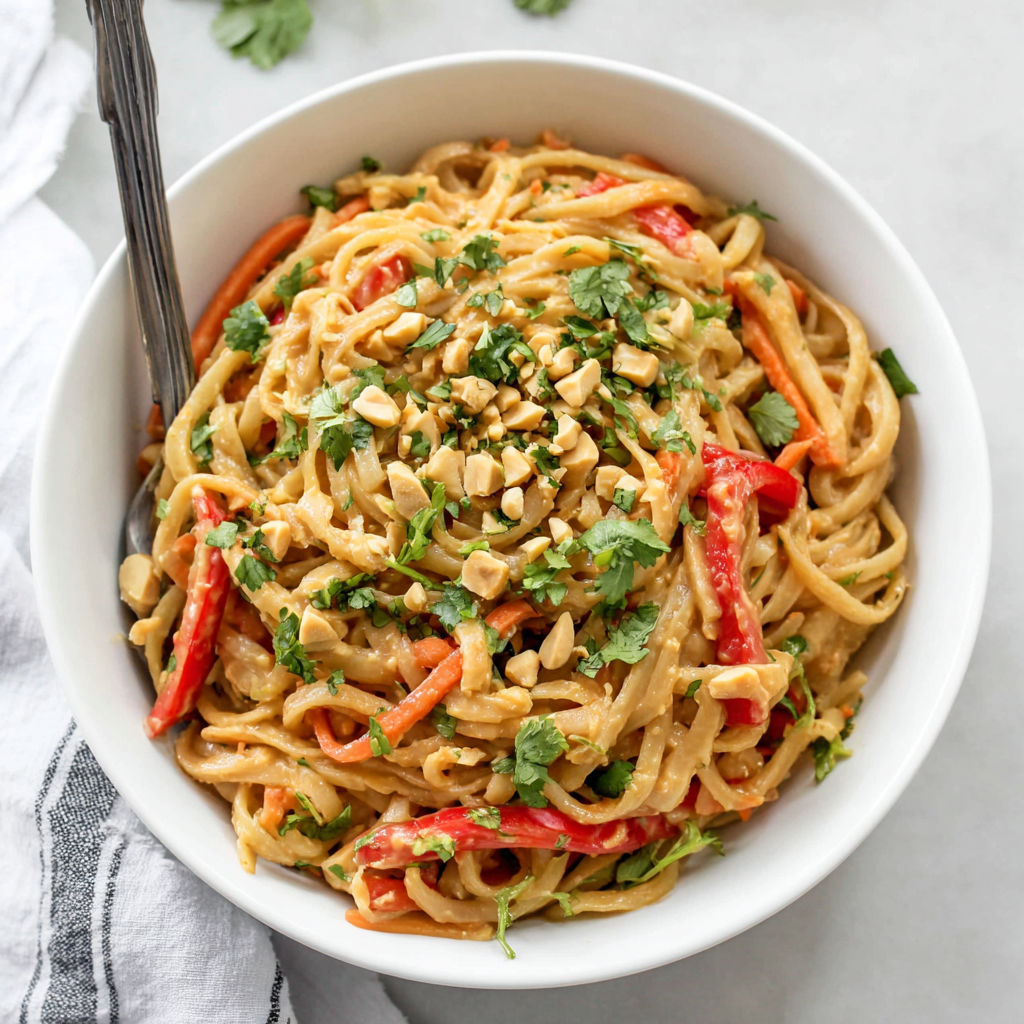 A bowl of noodles with peanut butter and vegetables.