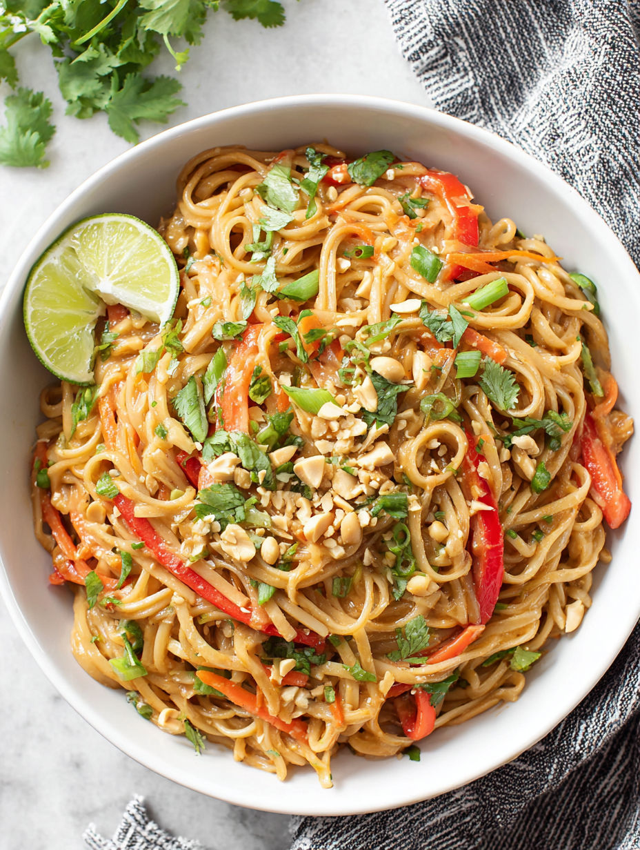 A bowl of noodles with peanut butter and vegetables.