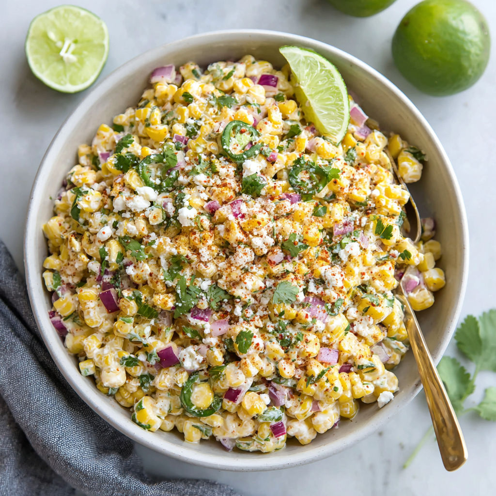 A bowl of Mexican street corn salad.