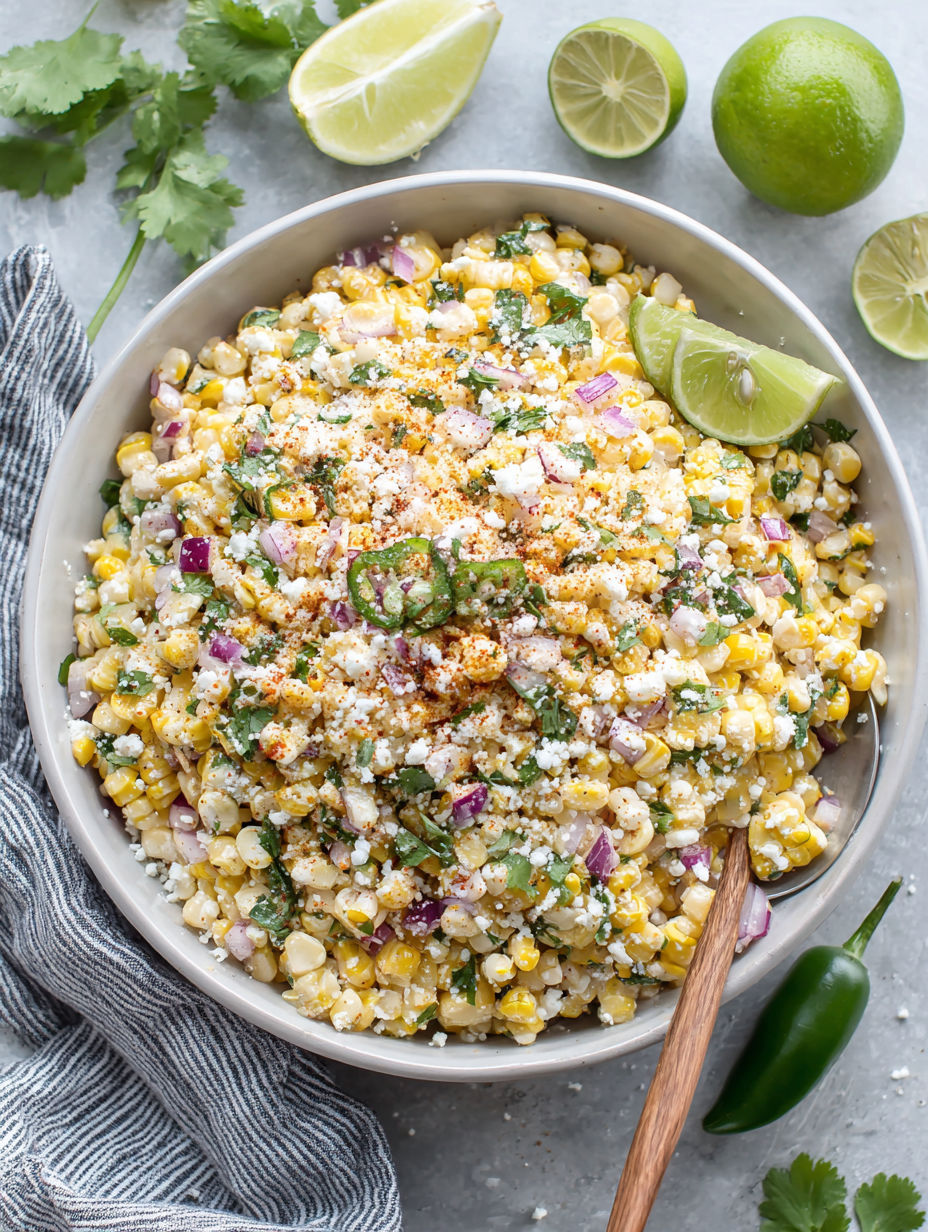 A bowl of Mexican street corn salad.