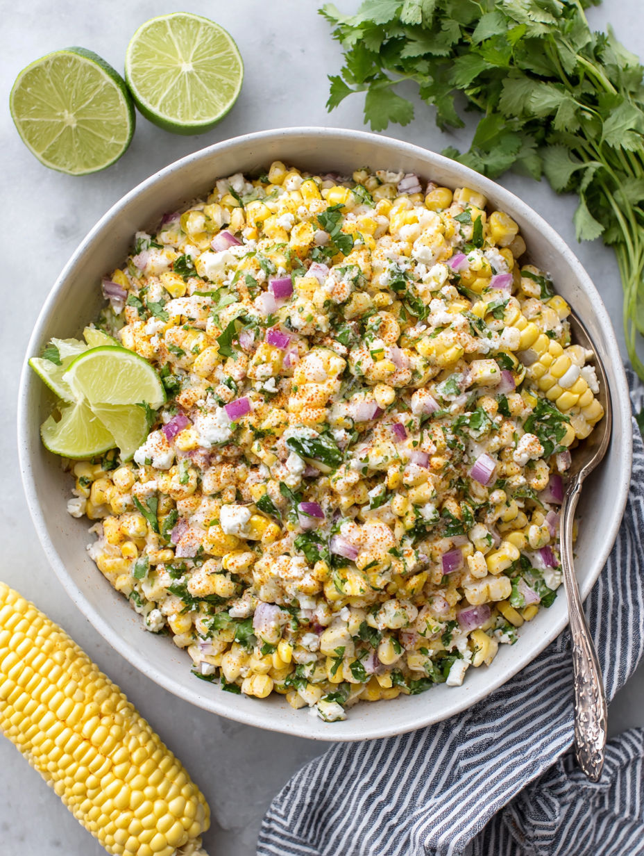 A bowl of Mexican street corn salad.