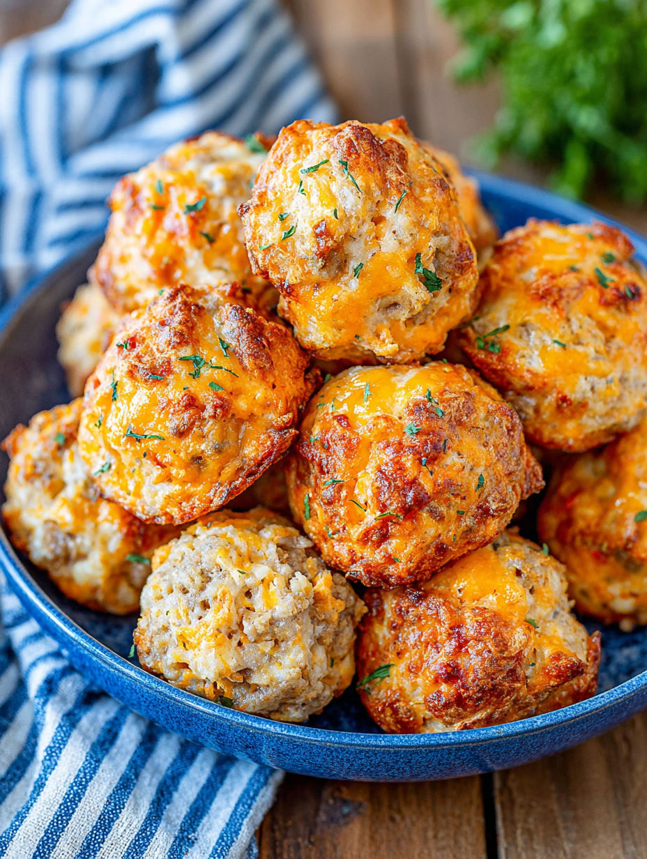 A plate of Cheddar Bay Sausage Balls.