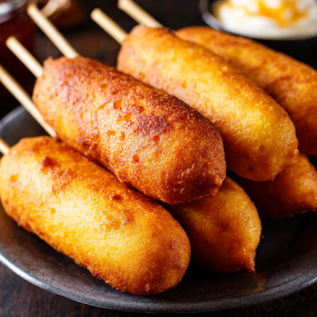 A plate of corn dogs on a table.