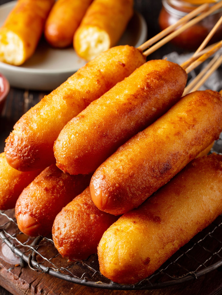 A plate of corn dogs with a fork.
