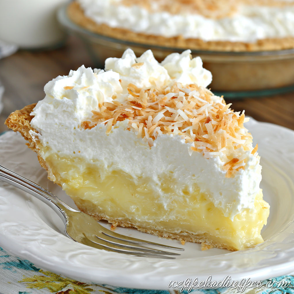 A slice of coconut cream pie on a plate.