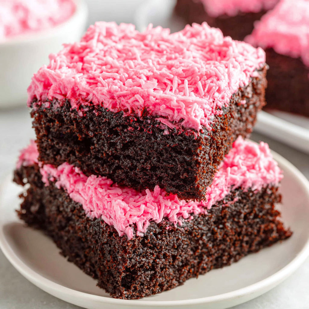 A plate of chocolate cake with pink frosting.