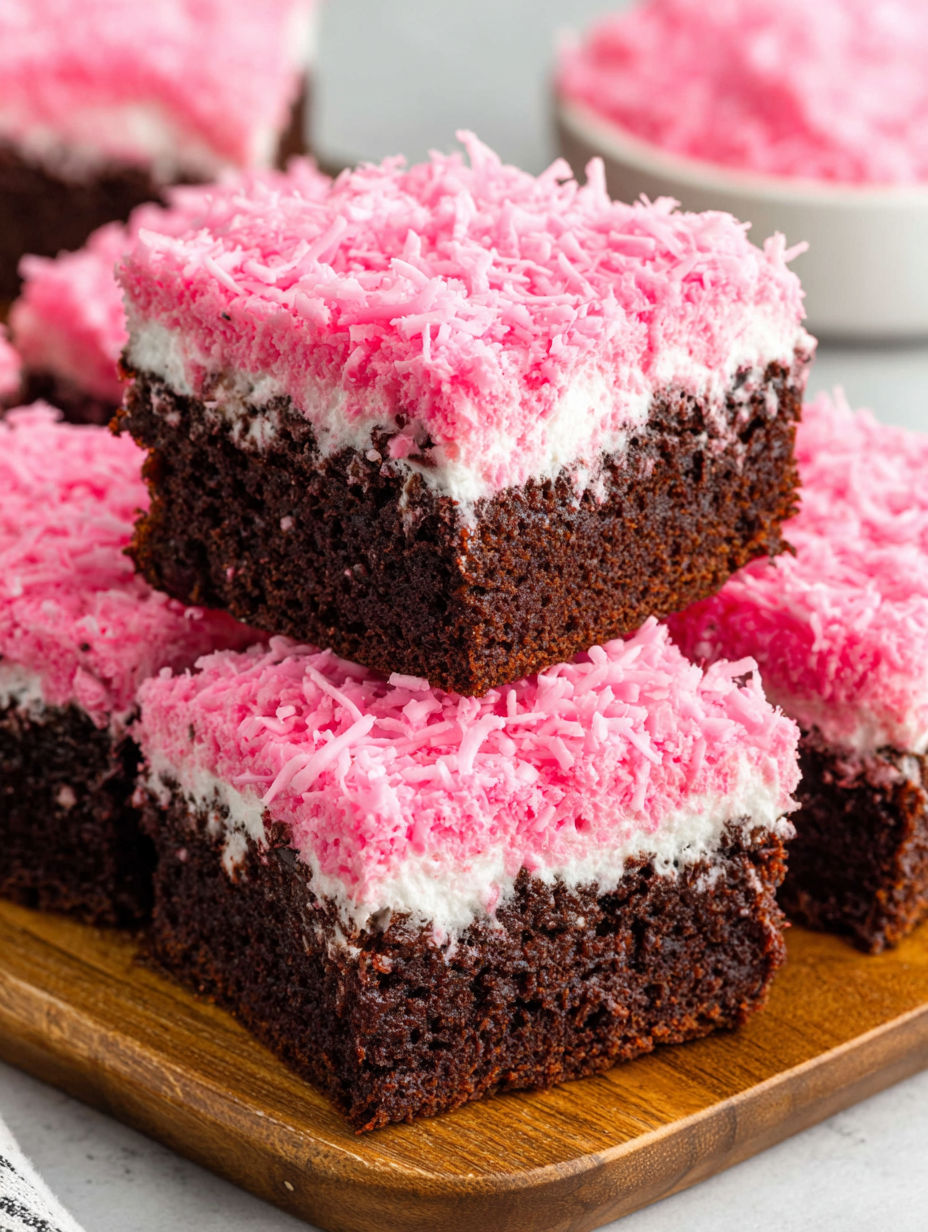 A close up of a chocolate brownie with pink frosting.