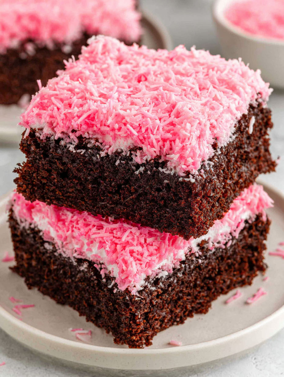 A stack of chocolate cake with pink frosting.