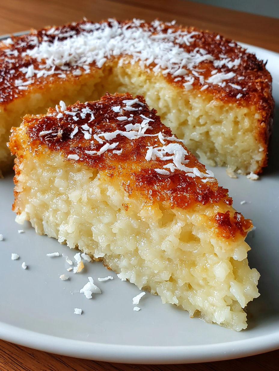 A slice of crustless coconut pie dessert.