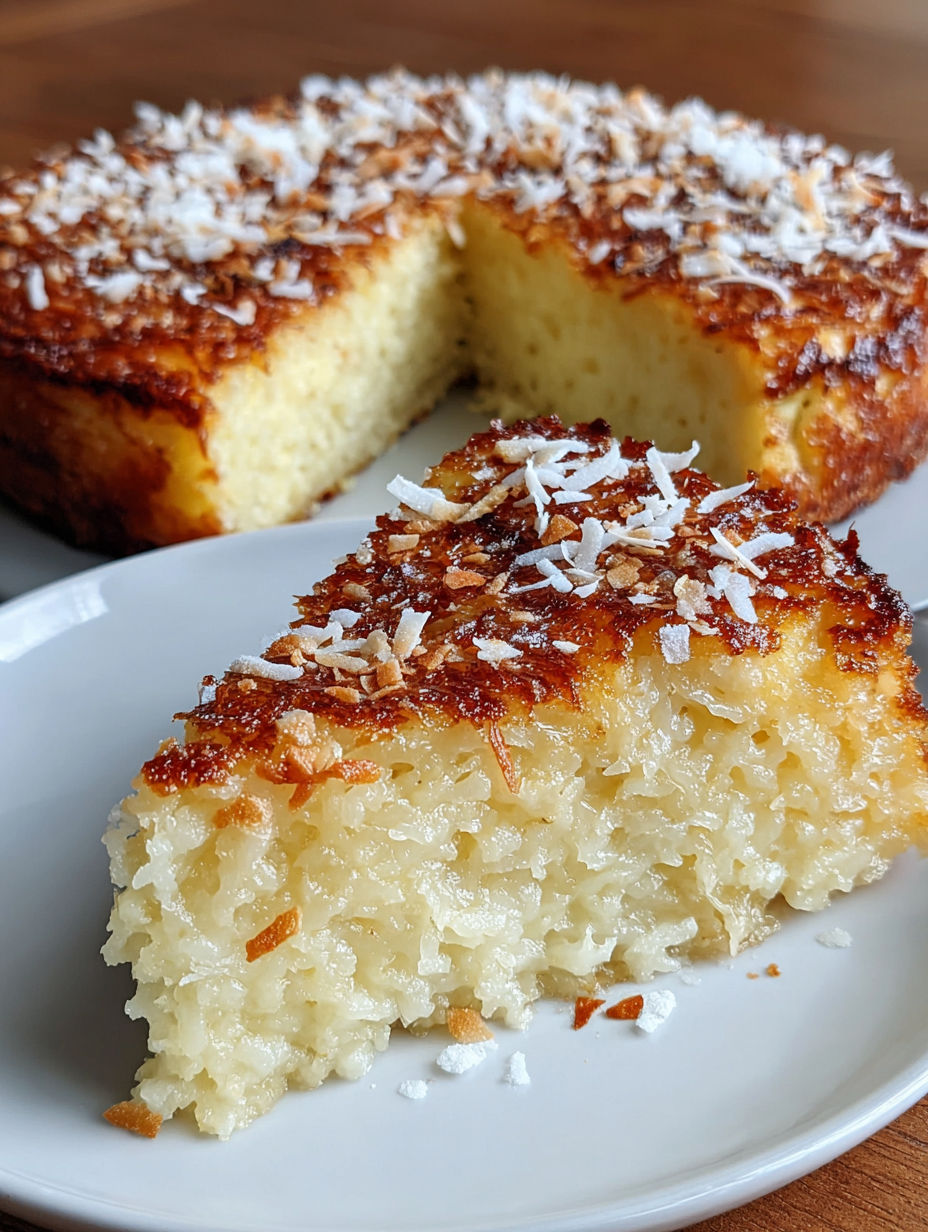 A slice of crustless coconut pie dessert.