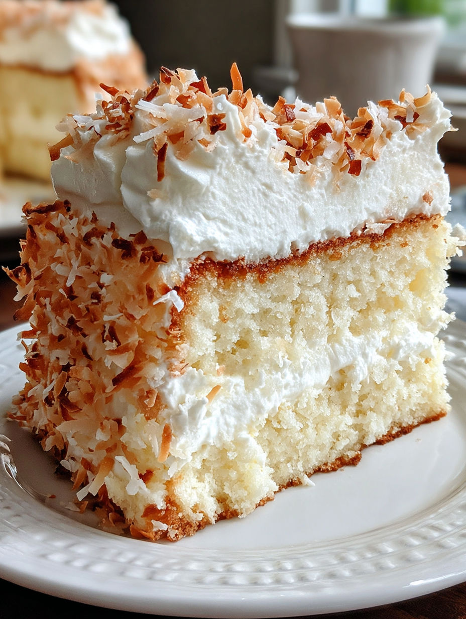 A slice of coconut cloud cake on a plate.