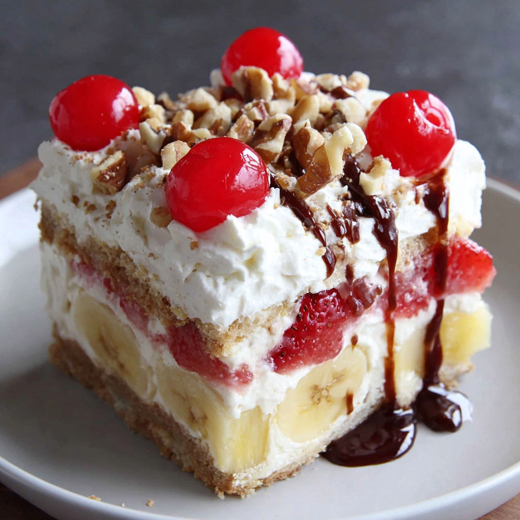 A slice of a layered banana split cake with chocolate and strawberry toppings.