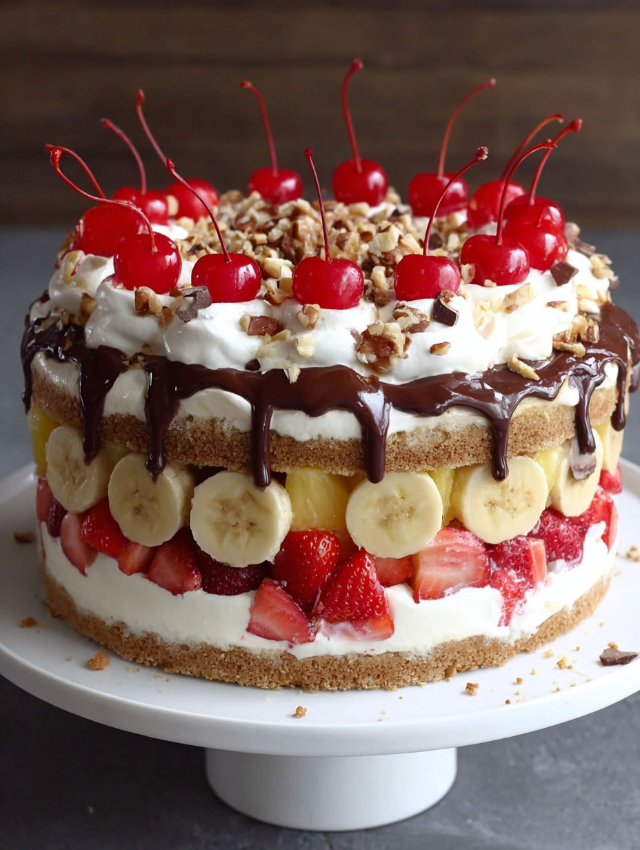 A layered cake with bananas, strawberries, and chocolate.