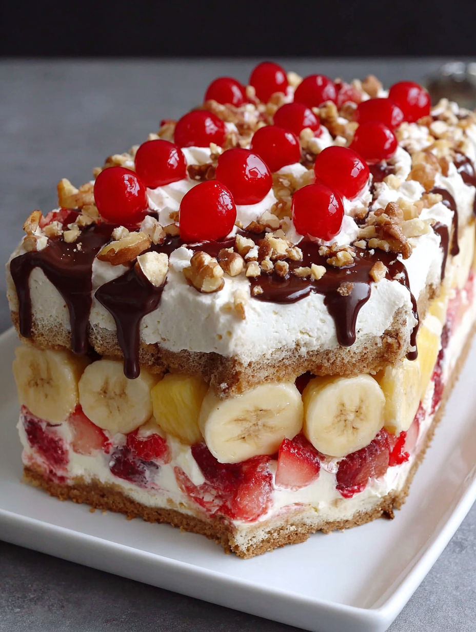 A slice of a banana split cake with chocolate and strawberry toppings.