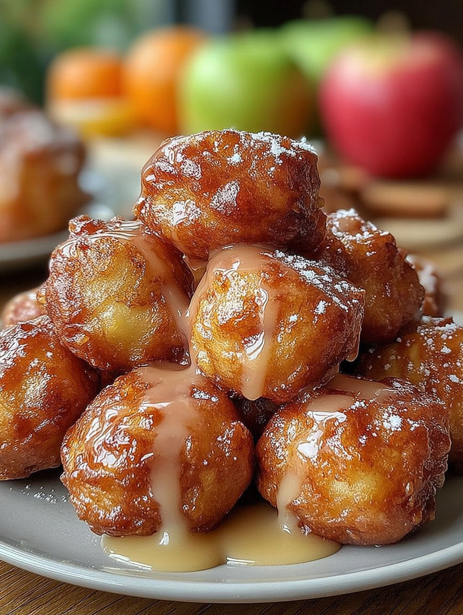 A stack of cinnamon glazed apple fritters.