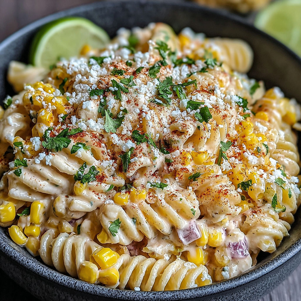 A bowl of Mexican street corn pasta salad.