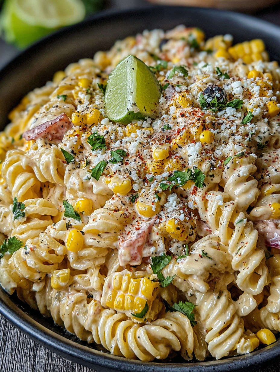 A bowl of Mexican street corn pasta salad.